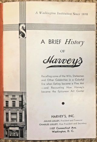 Vintage 1942 Harvey ' s Restaurant,  Washington DC,  Brief History Booklet 2