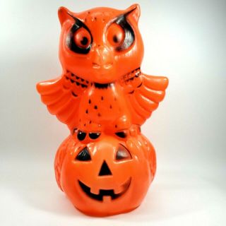 Vintage Rare Halloween Blow Mold Owl On Jack O Lantern Pumpkin Orange Black