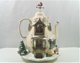 1993 Enesco Small World Of Music Christmas Holiday Bungalow Teapot Let It Snow