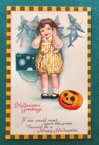 Vintage Wolf Halloween Postcard,  Clapsaddle Little Girl,  Radio,  Imps And Violins
