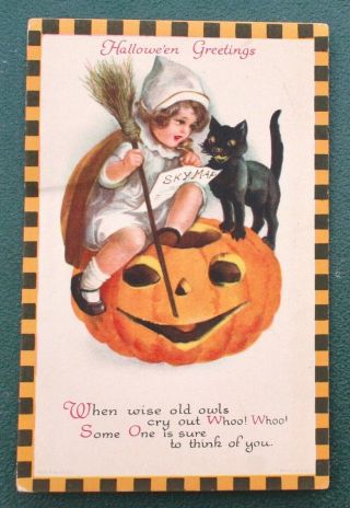 Vintage Wolf Halloween Postcard,  Clapsaddle Little Girl Looks At Sky Map With Cat