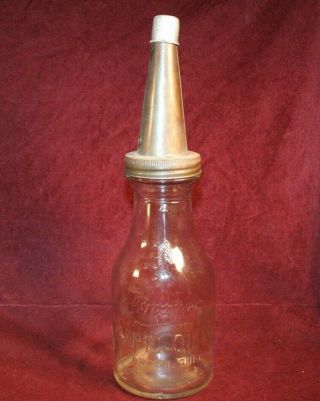 Glass Motor Oil Bottle With Metal Spout/lid - Brookings Rapid Oiler - Dayton Ohio