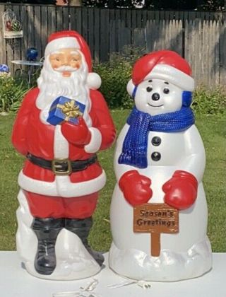 Vtg Christmas (2) 1970s General Foam Plastics Blow Mold 40” Lights Santa Snowman