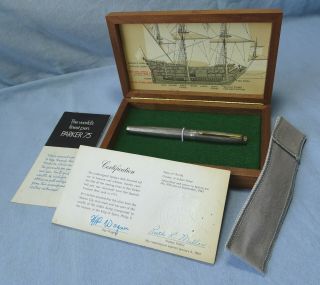 Parker 75 Silver Spanish Treasure Fleet Fountain Pen.  14k Gold Nib,  Boxed.