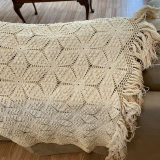 Vintage 100 Cotton Tan Knit Woven Blanket 1960’s Fringe