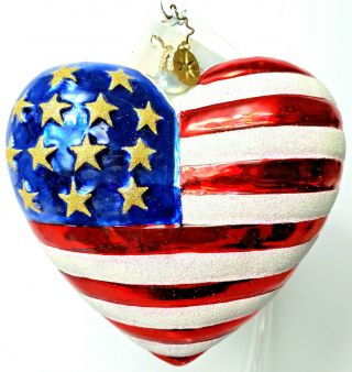 Christopher Radko American Flag Brave Heart Glass Christmas 9/11 Ornament