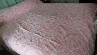Antique Vintage Cotton Bedspread White Floral On Pink,  Scalloped Edges,  76 " X86 "