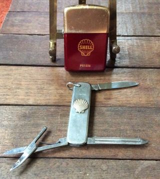 Vintage (2) Park Lighter Shell Oil Gas & Pocket Knife W/ Blade,  Scissors Italy