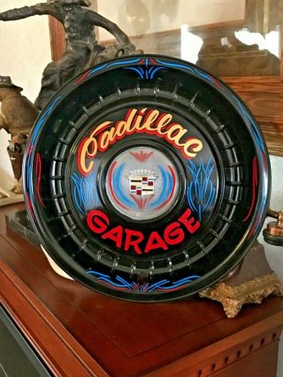 Vintage Cadillac Garage Hot Rod Painted Hubcap Shop Chevy Car Sign Pinstriped