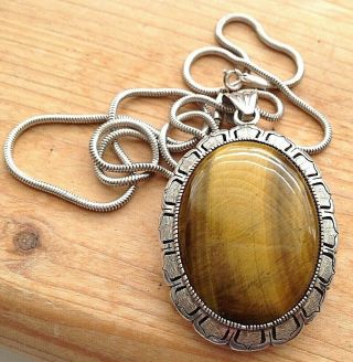 Large Vintage Sterling Silver Tigers Eye Mexico Necklace Pendent