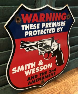 VINTAGE SINCE 1852 PROTECTED BY SMITH & WESSON PORCELAIN GUN SIGN AMMUNITION 2