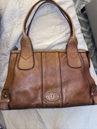Fossil Long Live Vintage Shoulder Bag Tote Leather Double Handles Brown Large