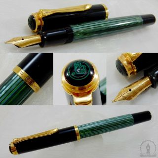 Old Style Pelikan M400 Green Striated Fountain Pen 14c F Nib - W - Germany C1985