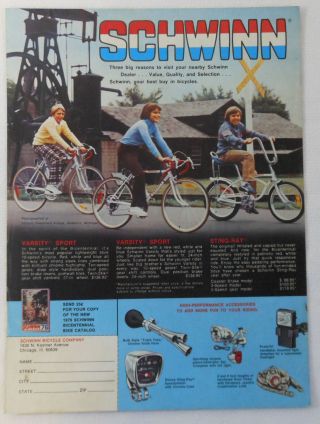 1976 Scwinn Bicycle Ad Page Varsity Sport,  Sting - Ray
