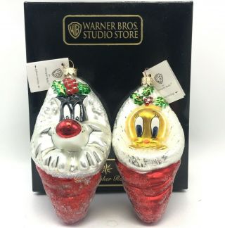 Christopher Radko Christmas Ornament Set: Sylvester & Tweety Bird In Stockings