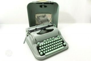 Hermes 3000 Typewriter W/ Case Keys Brushes Papers Seafoam Green Vintage Swiss