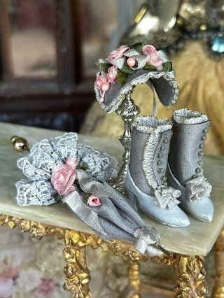 Vintage Miniature Dollhouse Artisan Victorian Pewter Pink Parasol Hat Boots Set
