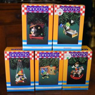 Delightful S/5 Enesco Treasury Walt Disney Pinocchio Christmas Ornaments W Boxes