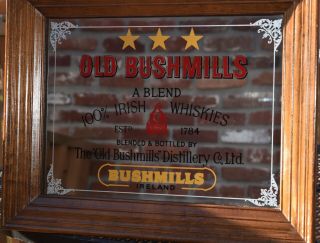 Old Bushmills Irish Whiskey Mirror Sign 15 " X 19” Wooden Frame Man Cave