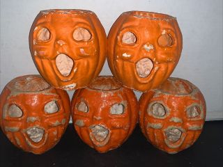 Five Vintage 4 1/2” Paper Mache Halloween Singing Face Jack - O - Lantern - No Handle