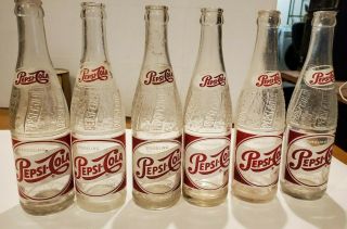 6 Vintage Sparkling Pepsi - Cola 12 Oz.  Glass Soda Bottles Red & White 1950s