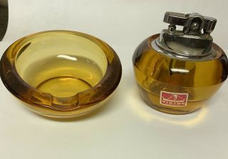 Vintage Amber Viking Glass Retro Orb Ashtray Table Lighter Set