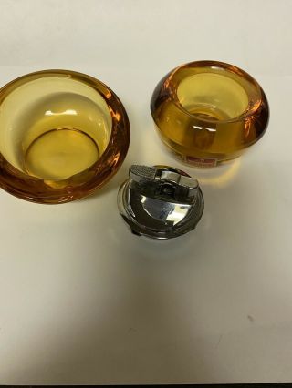 Vintage Amber Viking Glass Retro Orb Ashtray Table Lighter Set 2