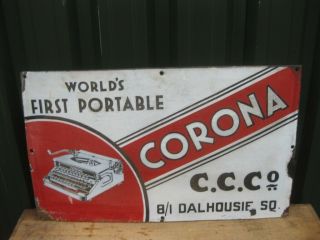 Old Vintage Antique Enamel Sign Shop Advert Typewriter Corona Tin Desk