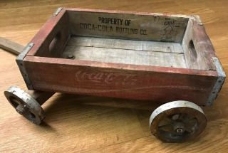 Vintage Coca - Cola Wood Crate Wagon,  Cart With Turning Handle,  18” X 12”,  Coke