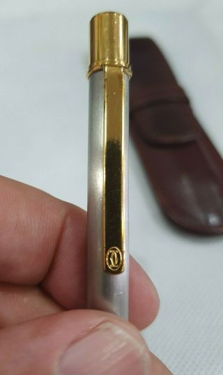 Must De Cartier Santos Ballpoint Pen With Brushed Silvery Body & Leather Case