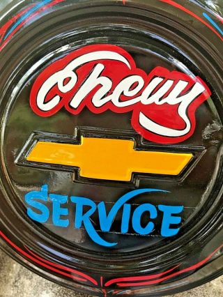 Vintage Chevy Hotrod Service Painted Pinstriped Hubcap Shop Man Cave Car Sign V8