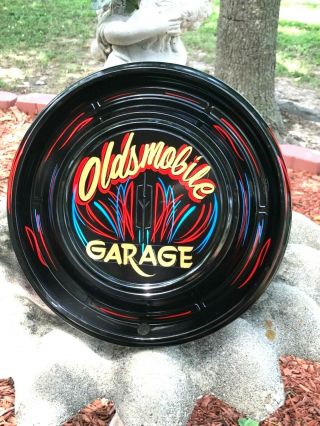 Vintage Chevy Oldsmobile Garage Hand Painted Hubcap Shop Hot Rod Sign Pinstriped