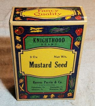 Rare Vintage Nos Knighthood Brand 3 Oz.  Mustard Seed Box Reeves Parvin & Co.