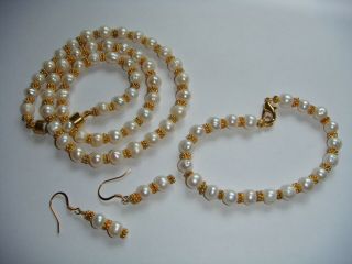 Set Of Vintage Real Pearl Necklace Bracelet Earrings Gold Tone Spacers Estate