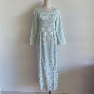 Vintage Green Satin Long Sleeve Long Dress Abstract Shiny Print Boho 70s 80