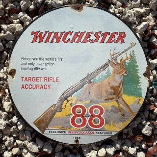 Vintage Winchester Rifle Porcelain Sign 1955 Hunting Gun Oil Gas Shotgun Buck 88