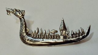 Long Vintage Thai Siam Sterling Silver Niello Enamel Dragon Boat
