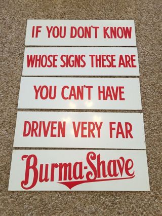 Vintage Set Of 5 Metal Road Advertising Burma Shave Signs White With Red Letters