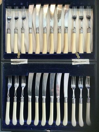 Vintage Antique Silver Plate 12 Piece Fish Knife And Fork Set England