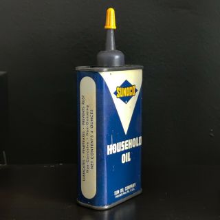 Vtg 1960s SUNOCO Household Oil 4 Oz Can Handy Oiler Tin w/ Gas Pump Rear Graphic 3