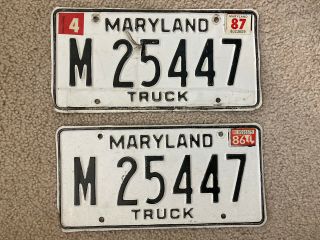 Vintage 1986 Maryland Truck License Plates Pair M 25447 Tags