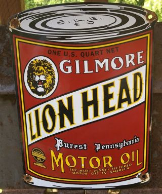 Vintage Gilmore Lion Head Motor Oil Can Purest Pennsylvania Porcelain Sign