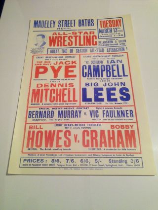 Vintage British Wrestling Poster Hull 1962 Jack Pye Blackpool Ian Campbell