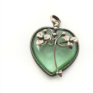 Vintage 925 Sterling Silver Light Green Translucent Floral Puffy Heart Pendant