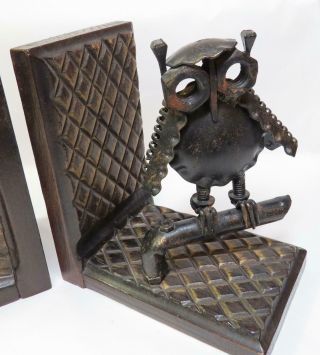 Vintage Mid Century Modern Abstract Metal & Wood Owl Bookends - Made In Spain