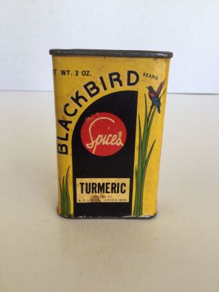 Vintage Blackbird Brand Turmeric Spice Tin Can 2 Oz. ,  H.  P.  Lau Co.  Lincoln,  Ne
