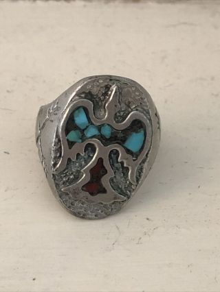 Vintage Coral And Turquoise Sterling Silver Ring Size 11