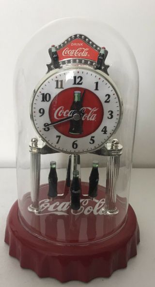 Coca Cola Anniversary Clock With Glass Dome And Spinning Bottles Collectible