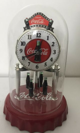 COCA COLA ANNIVERSARY CLOCK WITH GLASS DOME AND Spinning Bottles Collectible 2