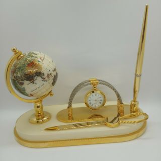 Mother Of Pearl Gemstone Globe Desk Set Pen Letter Opener Clock Limited Edition